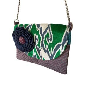 Lola Blue Croc Embossed Faux Leather Carpet Tapestry Bag Chain Crossbody